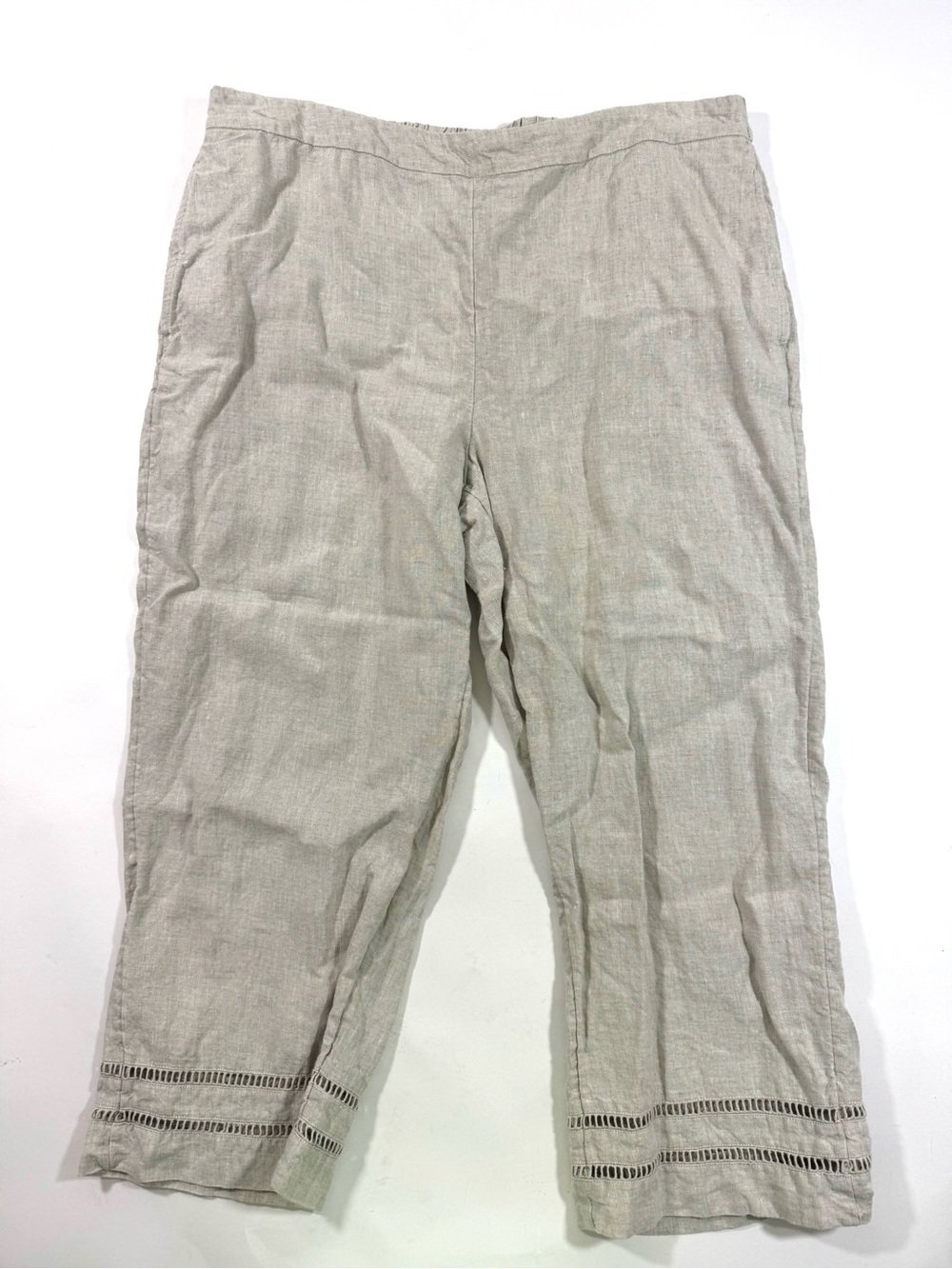 Chicos 100% Linen Coastal Ladder Trim Crop Pants Beige